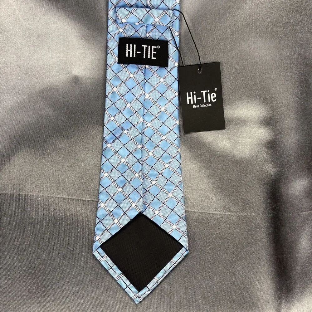 Hi-Tie Men’s 100% Silk Tie Handkerchief‎ Set Geometric Blue Silver Wedding Dance